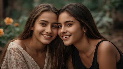 Two friends or sisters sitting next to each other smiling. Friendship, portrait.