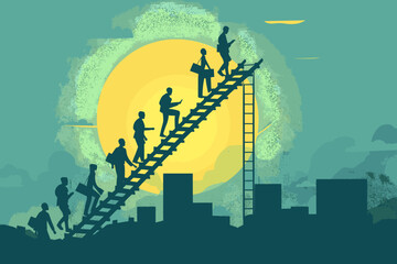 Climbing the ladder of success, businessman building stairway to achieve career goals, step by step path to professional growth and opportunity.