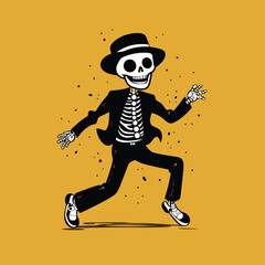 A skeleton in a suit dancing with joy in sneakers