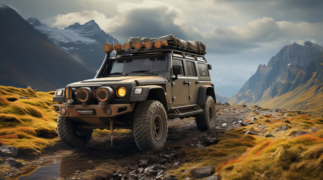 An overland vehicle traversing challenging terrains, showcasing the spirit of adventure.