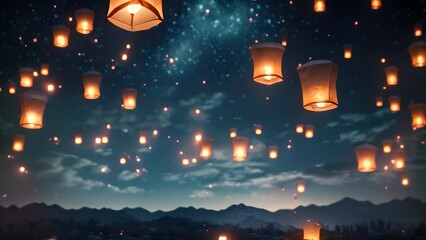 Witness the mesmerizing sight of a sky adorned with countless lanterns, gently soaring and carrying the hopes and dreams of all who set them free, paper lanterns floating in a night sky, AI Generated