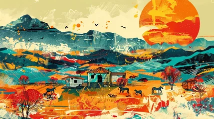 Tuinposter An abstract landscape painting in a vibrant color palette. The painting features a large, glowing sun, rolling hills, and a small house. © stocker