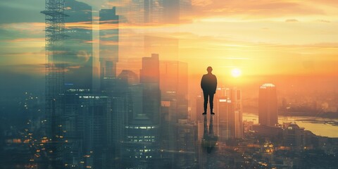 The cityscape image is superimposed on the double exposure photo of the engineer standing back at sunrise. The idea of engineering, building, urban living, and the future