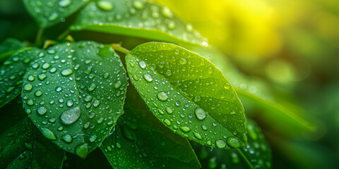 Fototapeta na wymiar Fresh green leaves with dew drops in sunlight