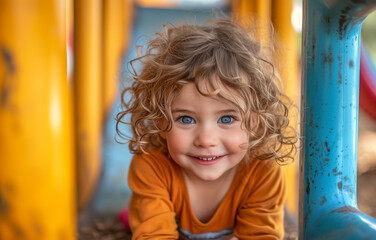 Fototapeta na wymiar Radiant young girl with curly hair peeking and smiling