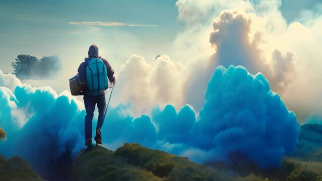 A man wearing a backpack walks through a lush green field on a sunny day, person fumigating field with pesticide or insecticide, AI Generated