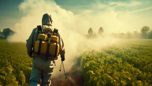A man with a backpack walks through a vast field, surrounded by natures beauty, person fumigating field with pesticide or insecticide, AI Generated