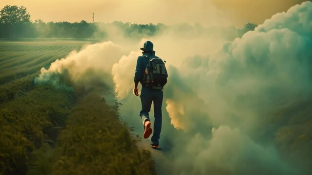 A lone man walks through a field enveloped in thick smoke, creating an eerie atmosphere., person fumigating field with pesticide or insecticide, AI Generated