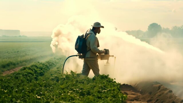 A man is seen applying pesticide to a field to protect crops and control pests., person fumigating field with pesticide or insecticide, AI Generated