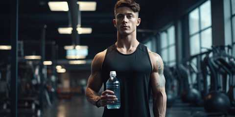Fototapeta na wymiar Man in black tank top is holding bottle of water
