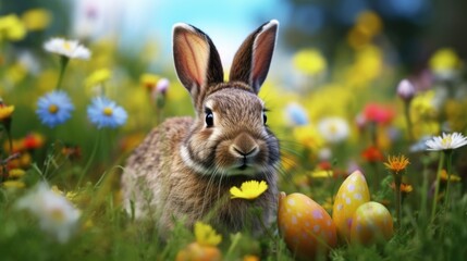 Fototapeta na wymiar Rabbit is standing in field of flowers