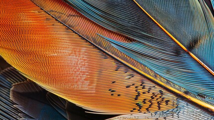 A closeup of a peacock feather, showing the vibrant colors and intricate patterns. The feather is a deep blue color, with green and orange highlights.