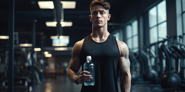 Man in black tank top is holding bottle of water