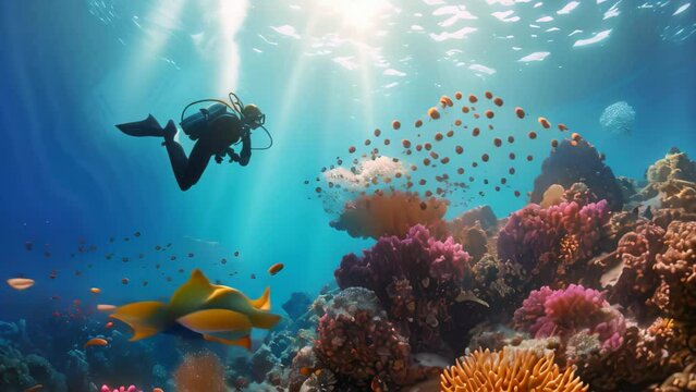 A scuba diver explores a vibrant coral reef while underwater., Person scuba diving in a coral reef, AI Generated