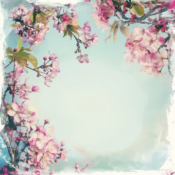 Summer spring painted frames, overlays of photos of flowers on tree branches, and photo art