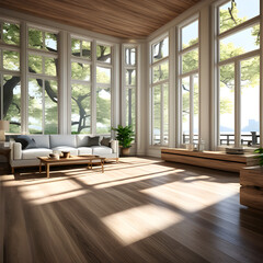 White oak wood in an empty room bathed in soft natural light casting subtle shadows and reflecting.
Generative AI.