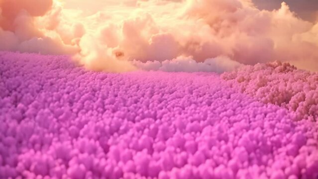 A captivating image showcasing a multitude of clouds and vibrant flowers adorning the clear blue sky, Pink popcorn in blurry fairy clouds, AI Generated