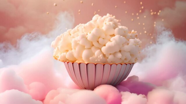 A delightful pink bowl filled with popcorn, sat atop cotton candy clouds, Pink popcorn in blurry fairy clouds, AI Generated