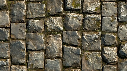Cobblestone street texture. Old weathered cobblestone pavement with moss growing between the stones.