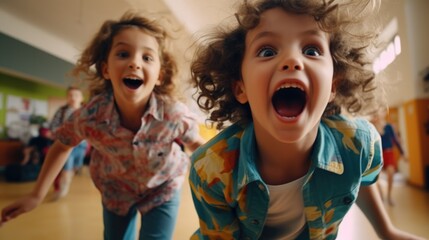 Two children are running and laughing in school hallway
