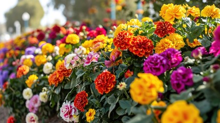Obraz premium Colorful garden with variety of flowers including pink, yellow, and orange
