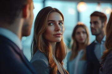 Woman with long brown hair is looking at camera