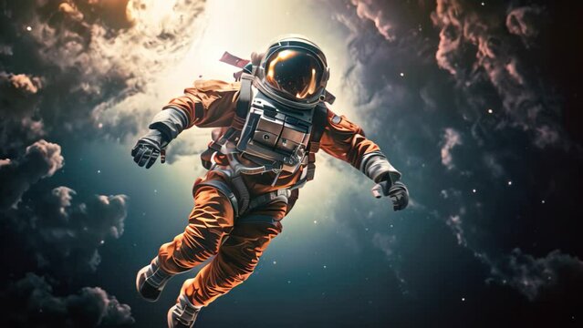 A lone astronaut gracefully floats in the sky amidst fluffy clouds, defying gravity in pursuit of their dreams, Portrait of astronaut floating in space, AI Generated