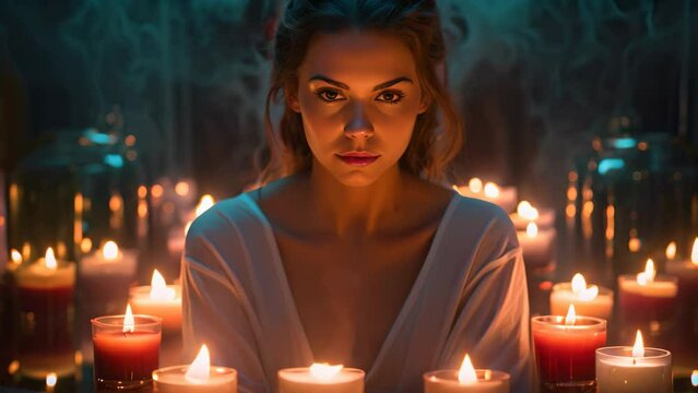 A serene woman sitting peacefully in front of a collection of beautifully lit candles, Portrait of young woman at spa in dark light with candles and lights, AI Generated