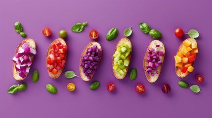 Fototapeta na wymiar a variety of fruits and vegetables are arranged in the shape of the word'food'on a purple background.