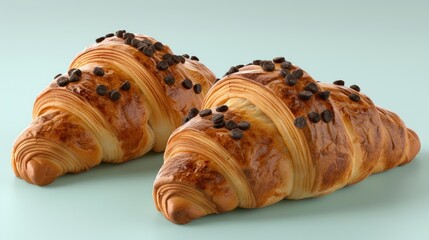 a pair of croissants with chocolate chips on top of them sitting on a blue surface with a green background.