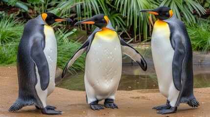 Obraz premium a group of three penguins standing next to each other on top of a sandy ground next to a body of water.