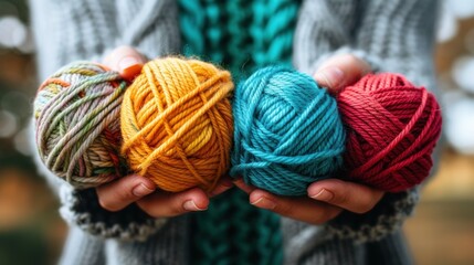 a person holding three balls of yarn in their hands, one of them is multicolored and the other is multicolored. - obrazy, fototapety, plakaty