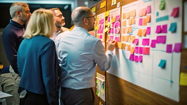 Group of People Gathered Around a Sticky Note Board for Collaboration and Idea Generation, Project Manager Reviewing User Stories with Designers and Developers, AI Generated