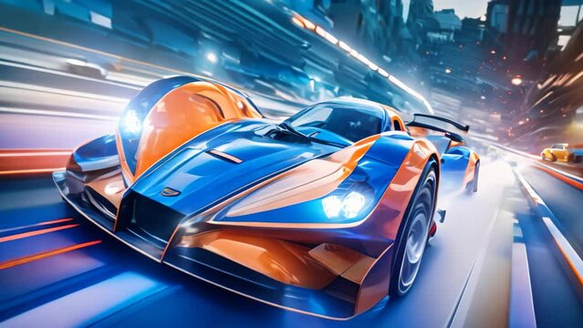 A yellow and blue car races through a dark tunnel, leaving traces of its vibrant colors behind, Racing car at high speed, Racer on a racing car passes the track, AI Generated