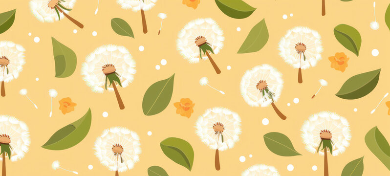 a dandelion pattern on a yellow background with green leaves and dandelions on a light yellow background.