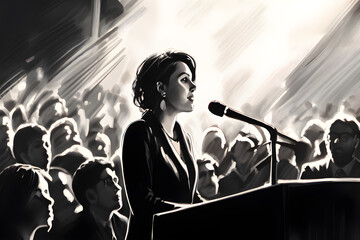 Public Speech Spoken By Woman Politician to crowds at political election rally, gender equality democracy in action sketch art illustration - obrazy, fototapety, plakaty