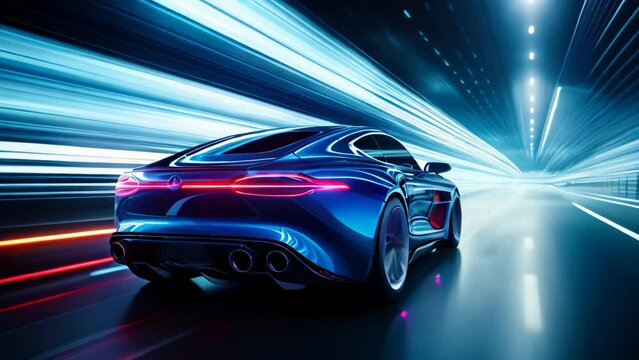 A high-speed blue sports car racing through a tunnel, showcasing its power and elegance, Rear view of blue Business car on high speed in turn, AI Generated