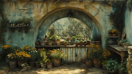 a garden filled with lots of potted plants next to a stone wall with an arched doorway in the middle. - obrazy, fototapety, plakaty