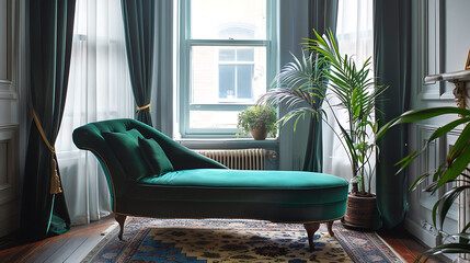 A chaise lounge in emerald green velvet, placed near a bay window with sheer curtains and a potted plant