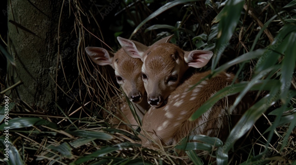 Poster a couple of baby deer standing next to each other on a lush green forest filled with lots of tall grass.