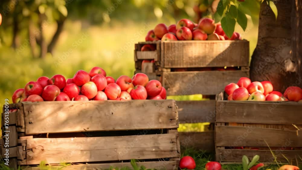 Poster a bountiful heap of ripe apples neatly arranged in rustic wooden crates, shaded by a thriving tree, 
