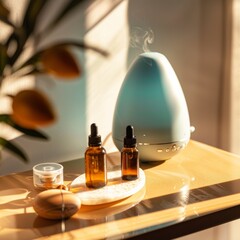 Home aromatherapy essence, essential oils and diffuser in a warm, minimalistic sunlight setting
