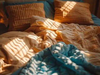 Golden hour luxury, everyday elegance in the bedroom with finely detailed high-quality bedding
