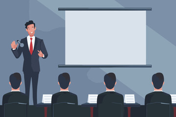Confident businessman giving speech or presentation, public speaking skills, verbal communication in business meeting, sharing ideas with colleagues concept, man talking with speech bubbles and charts - obrazy, fototapety, plakaty