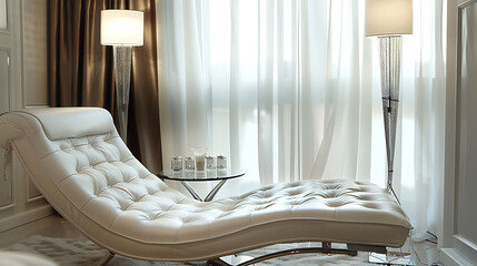 A chaise lounge in luxurious white leather, accompanied by chrome floor lamps and a glass side table