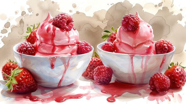 a painting of a bowl of ice cream with raspberries on the side and another bowl of ice cream with raspberries on the side.