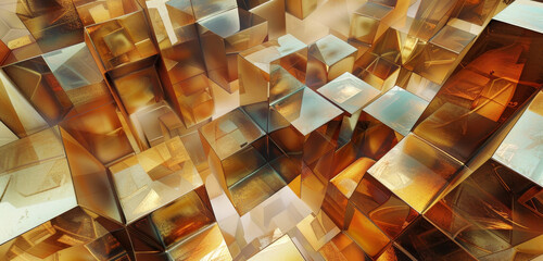 Reflective golden cubes in an abstract geometric composition with textures.