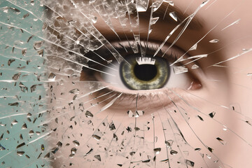 A woman's eye is shown with a shattered glass effect
