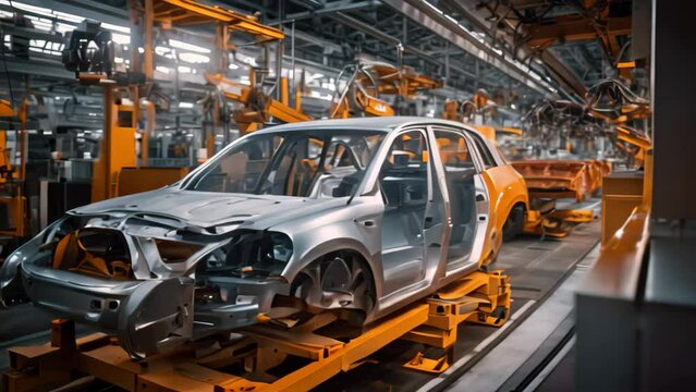 Witness the systematic assembly of a car as it goes through the production line at a manufacturing facility, Robotic assembly line in an automotive factory, AI Generated