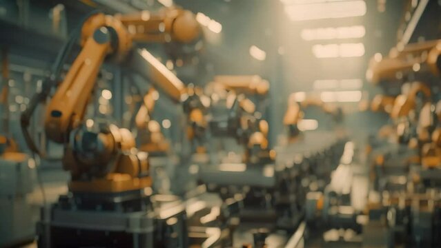 An image showing a bustling factory with numerous machines and machinery, Robotic assembly line in an automotive factory, AI Generated